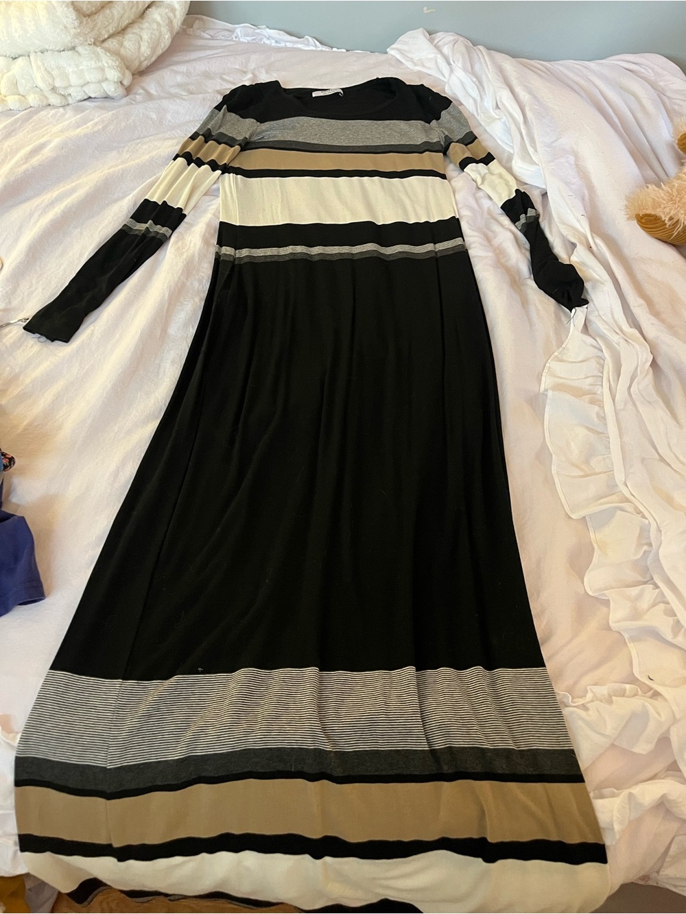 Bailey 44 Black Striped Maxi Dress with Beige and Cream Accents